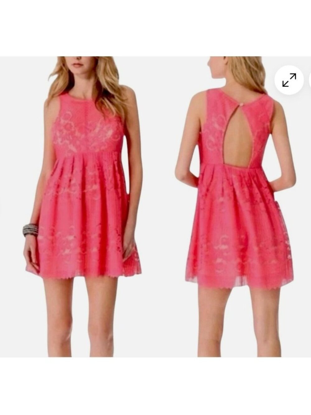 Free People Rocco Lace Mini Dress Size 6 Cherry Pink Cutout Back Scalloped Hem
